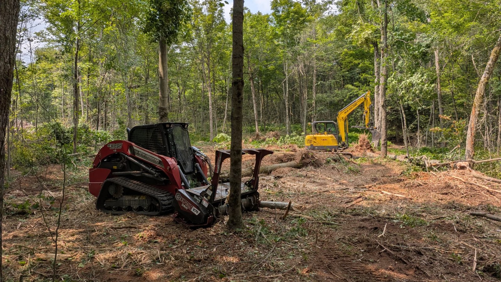 Cleared land after forestry mulching with mulcher and excavator on site